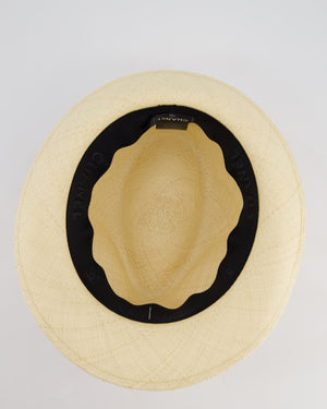 Chanel Beige Raffia Woven Hat with Black, Blue and Red Bandeaux and CC Logo Size M