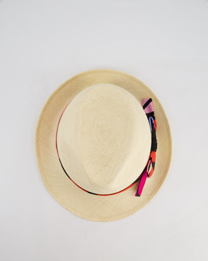 Chanel Beige Raffia Woven Hat with Black, Blue and Red Bandeaux and CC Logo Size M