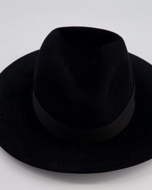 Christian Dior Black Wool Panama Hat with Logo Ribbon Detail Size 57