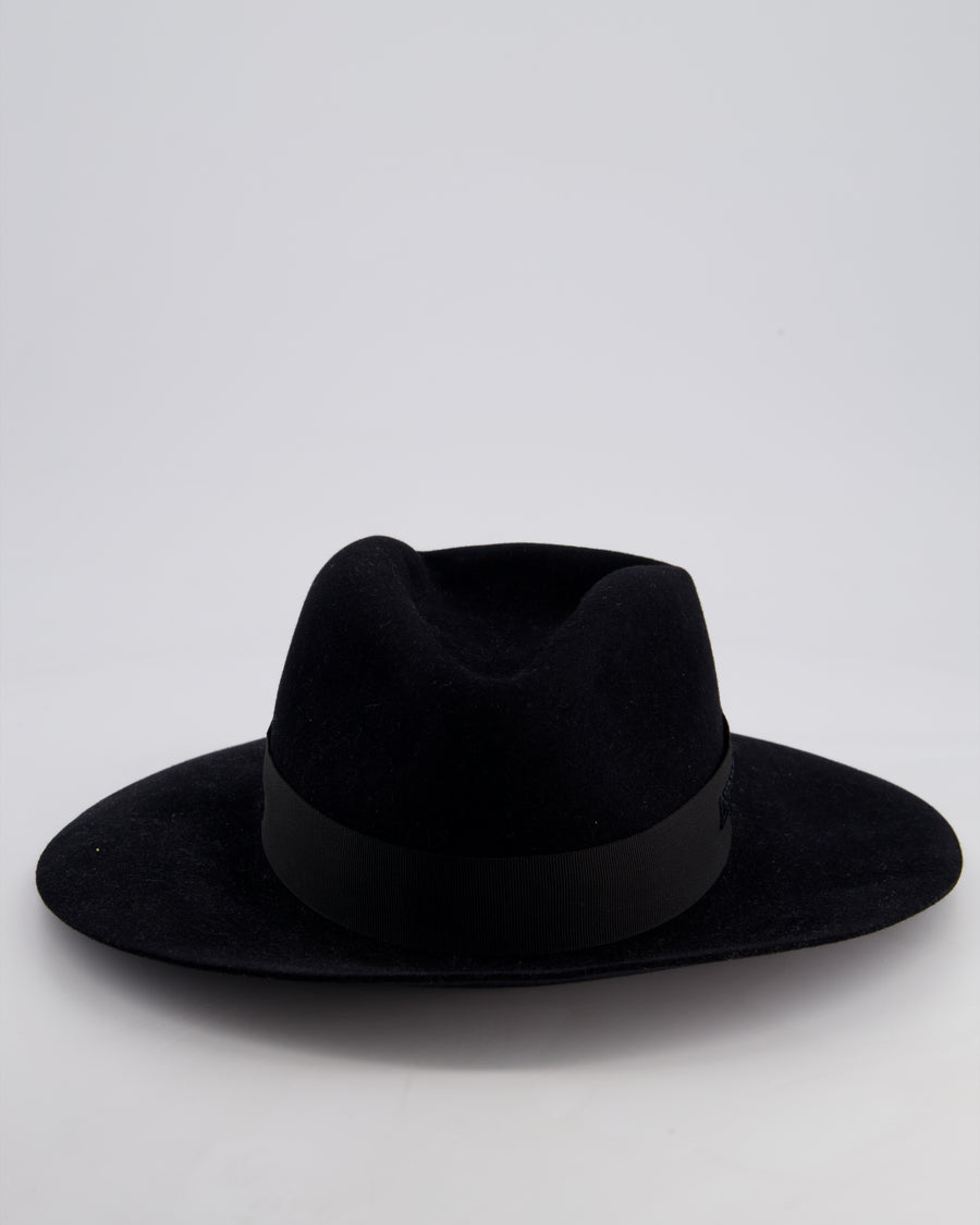 Christian Dior Black Wool Panama Hat with Logo Ribbon Detail Size 57