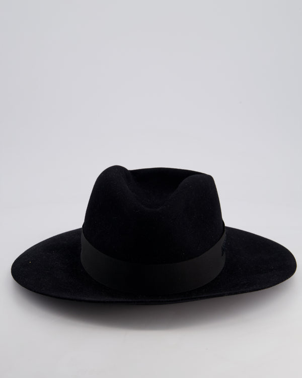 Christian Dior Black Wool Panama Hat with Logo Ribbon Detail Size 57