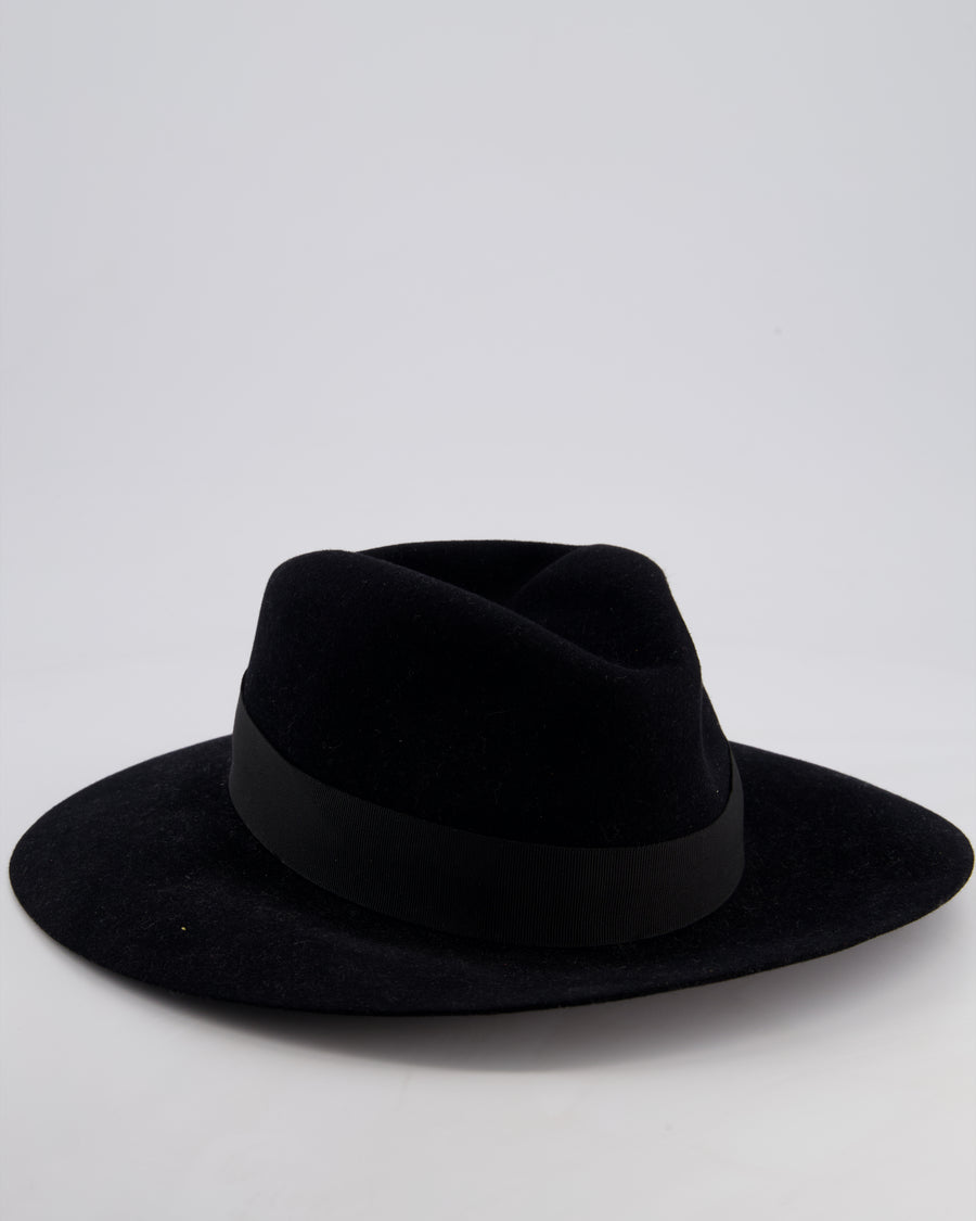 Christian Dior Black Wool Panama Hat with Logo Ribbon Detail Size 57