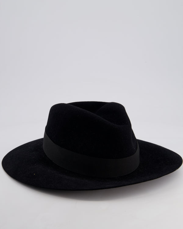 Christian Dior Black Wool Panama Hat with Logo Ribbon Detail Size 57