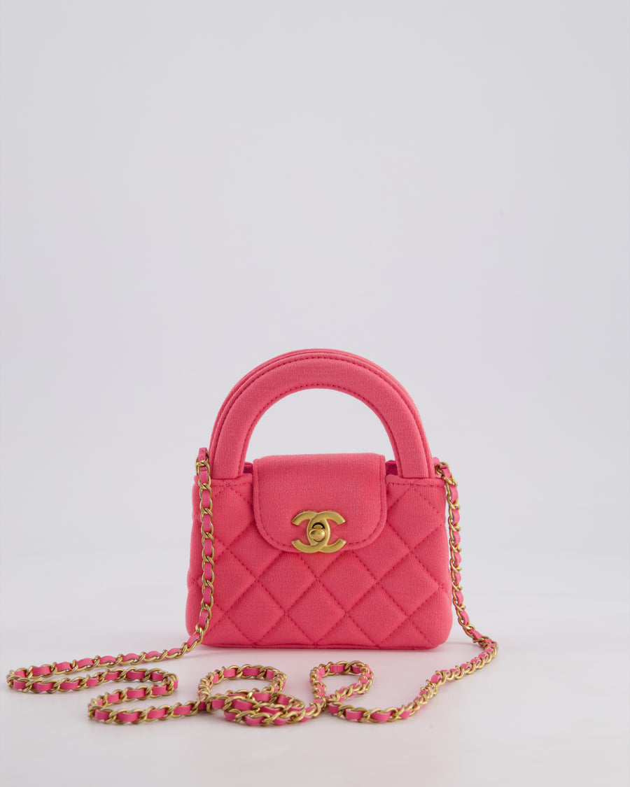 *RARE* Chanel Pink Nano Mini Kelly Bag in Pink Quilted Jersey with Brushed Antique Gold Hardware