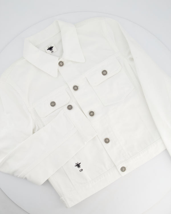 Christian Dior White Denim Button Down Jacket with Silver Buttons and Floral Print Detail Size FR 36 (UK 8)