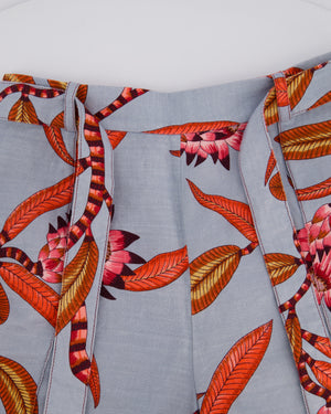 Hermès Blue and Pink Linen Floral Shorts with Tie-Up Detail Size FR 34 (UK 6)