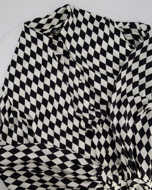 Balmain Black and White Lavalliere Diamond Print Silk Shirt with Puff Sleeves and Pussy Bow Detail Size FR 34 (UK 6) RRP £1490
