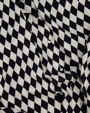 Balmain Black and White Lavalliere Diamond Print Silk Shirt with Puff Sleeves and Pussy Bow Detail Size FR 34 (UK 6) RRP £1490