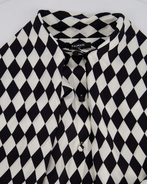 Balmain Black and White Lavalliere Diamond Print Silk Shirt with Puff Sleeves and Pussy Bow Detail Size FR 34 (UK 6) RRP £1490