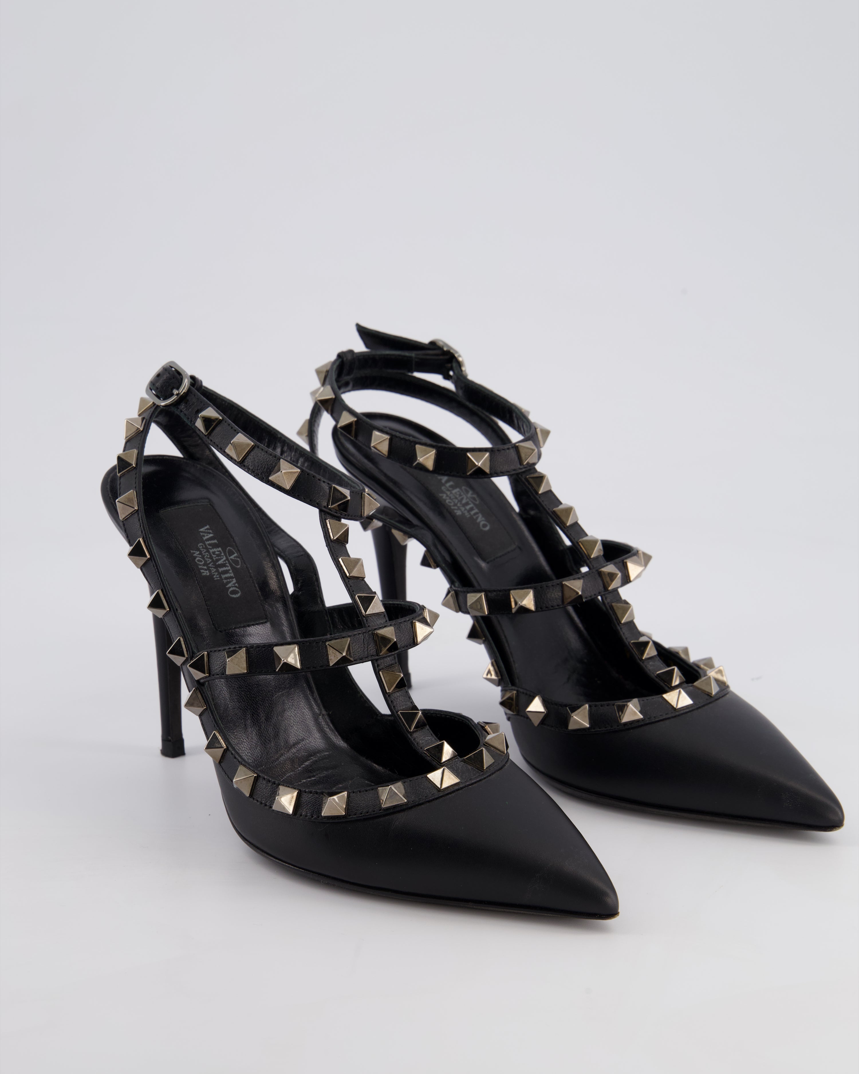 【関税&送料込】Valentino Garavani Black Leather Rockstud Cr Valentino Black Leather Rockstud Caged Pumps Size EU 36.5