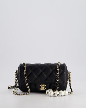 Chanel Black Quilted Lambskin Small Single Flap Bag with Pearl Logo Chain Detailing and Champagne Hardware