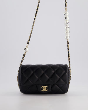 Chanel Black Quilted Lambskin Small Single Flap Bag with Pearl Logo Chain Detailing and Champagne Hardware