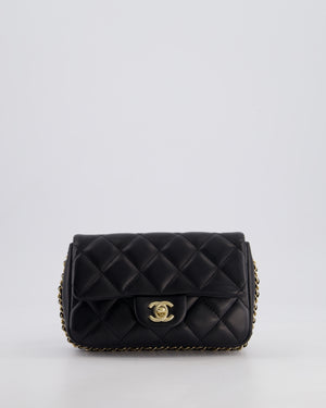 Chanel Black Quilted Lambskin Small Single Flap Bag with Pearl Logo Chain Detailing and Champagne Hardware