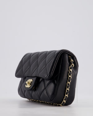 Chanel Black Quilted Lambskin Small Single Flap Bag with Pearl Logo Chain Detailing and Champagne Hardware