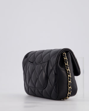 Chanel Black Quilted Lambskin Small Single Flap Bag with Pearl Logo Chain Detailing and Champagne Hardware