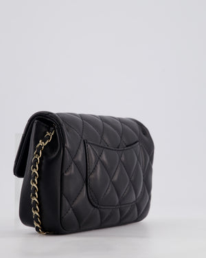 Chanel Black Quilted Lambskin Small Single Flap Bag with Pearl Logo Chain Detailing and Champagne Hardware