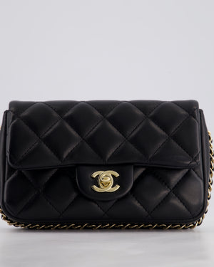 Chanel Black Quilted Lambskin Small Single Flap Bag with Pearl Logo Chain Detailing and Champagne Hardware
