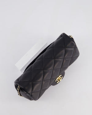 Chanel Black Quilted Lambskin Small Single Flap Bag with Pearl Logo Chain Detailing and Champagne Hardware