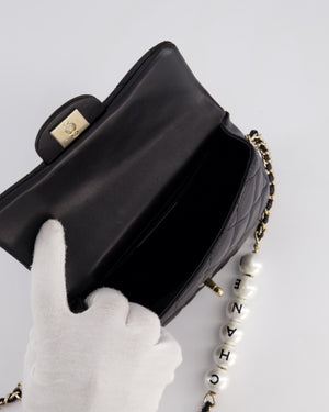 Chanel Black Quilted Lambskin Small Single Flap Bag with Pearl Logo Chain Detailing and Champagne Hardware