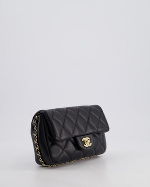 Chanel Black Quilted Lambskin Small Single Flap Bag with Pearl Logo Chain Detailing and Champagne Hardware