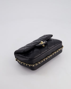 Chanel Black Quilted Lambskin Small Single Flap Bag with Pearl Logo Chain Detailing and Champagne Hardware