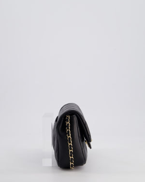 Chanel Black Quilted Lambskin Small Single Flap Bag with Pearl Logo Chain Detailing and Champagne Hardware
