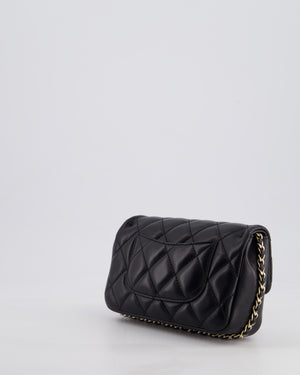 Chanel Black Quilted Lambskin Small Single Flap Bag with Pearl Logo Chain Detailing and Champagne Hardware