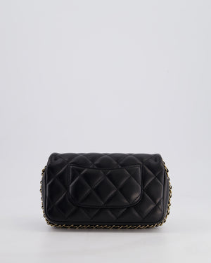 Chanel Black Quilted Lambskin Small Single Flap Bag with Pearl Logo Chain Detailing and Champagne Hardware