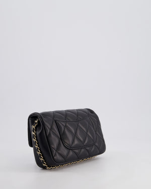 Chanel Black Quilted Lambskin Small Single Flap Bag with Pearl Logo Chain Detailing and Champagne Hardware
