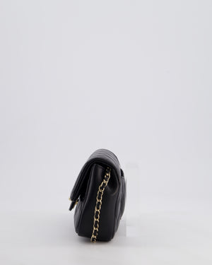 Chanel Black Quilted Lambskin Small Single Flap Bag with Pearl Logo Chain Detailing and Champagne Hardware