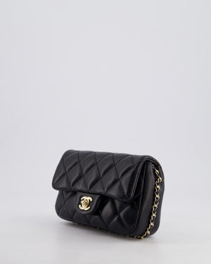 Chanel Black Quilted Lambskin Small Single Flap Bag with Pearl Logo Chain Detailing and Champagne Hardware