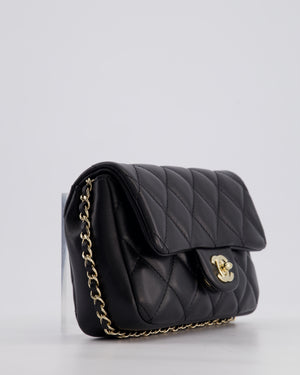 Chanel Black Quilted Lambskin Small Single Flap Bag with Pearl Logo Chain Detailing and Champagne Hardware
