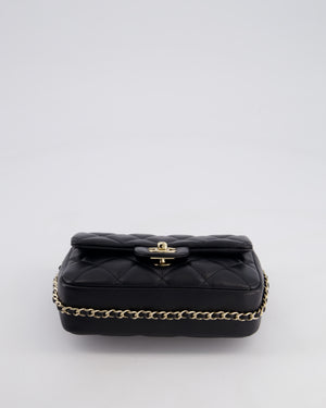 Chanel Black Quilted Lambskin Small Single Flap Bag with Pearl Logo Chain Detailing and Champagne Hardware