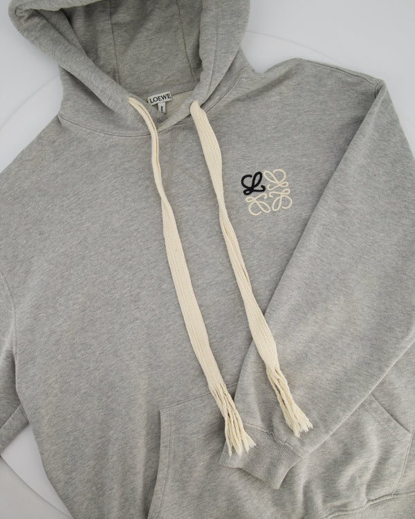 Loewe Menswear Grey Cotton Hoodie With Anagram Logo and Frayed String Detail Size M