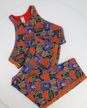 Hermes Orange & Multicolour Printed Cropped Top & Capri Trousers Bath/Gym Set Size FR 36 (UK 8)