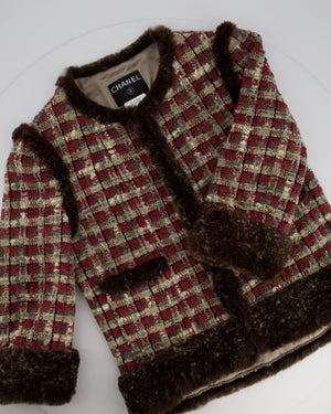 Chanel Red, Beige and Grey Tweed Jacket with Rabbit Fur Trim Detail Size FR 36 (UK 8)
