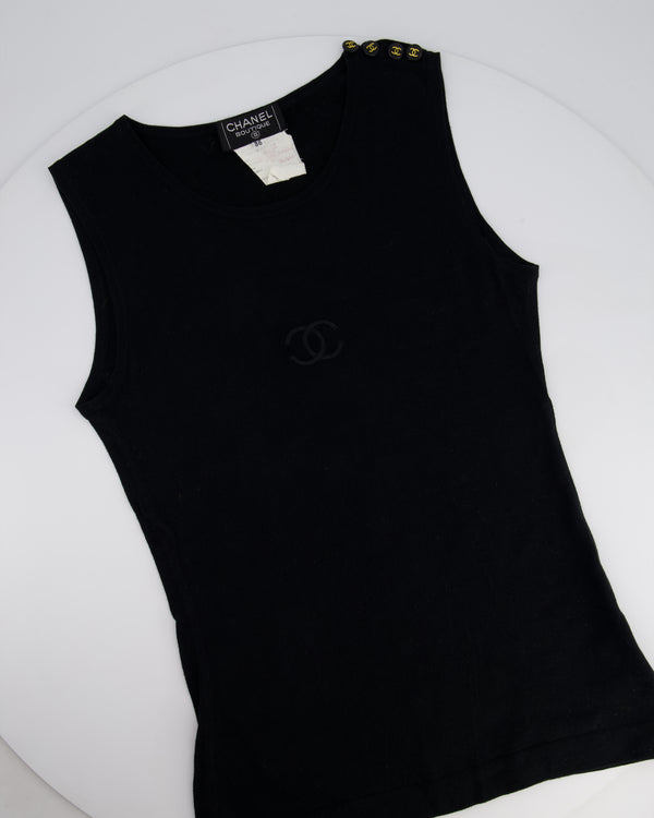Chanel 95P Vintage Black Sleeveless Cotton Top with Stitched Logo and Gold Logo Buttons on the Shoulder Size FR 36 (UK 8)