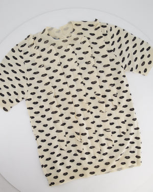 Prada Cream and Black Lip Print Short Sleeve Knitted Top with Ruffle Detail and Buttons at the Back Size IT 40 (UK 8)