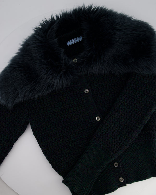 Prada Green Wool Cashmere Blend Knit Cardigan with Faux Fur Collar Size IT 42 (UK 10 )