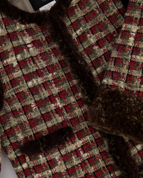 Chanel Red, Beige and Grey Tweed Jacket with Rabbit Fur Trim Detail Size FR 36 (UK 8)