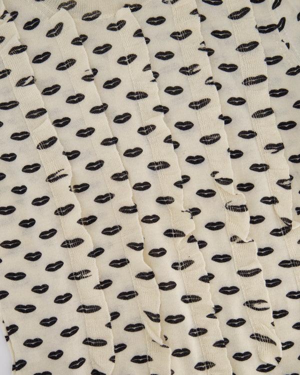 Prada Cream and Black Lip Print Short Sleeve Knitted Top with Ruffle Detail and Buttons at the Back Size IT 40 (UK 8)