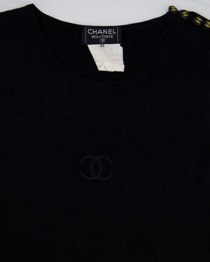 Chanel 95P Vintage Black Sleeveless Cotton Top with Stitched Logo and Gold Logo Buttons on the Shoulder Size FR 36 (UK 8)