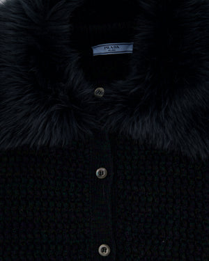 Prada Green Wool Cashmere Blend Knit Cardigan with Faux Fur Collar Size IT 42 (UK 10 )
