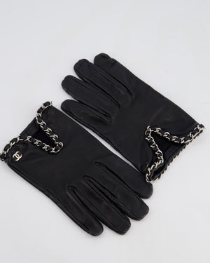 *HOT* Chanel Black Lambskin Leather Gloves with CC Silver Logo and Chain Details Size 8.5