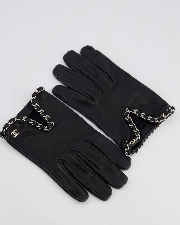 *HOT* Chanel Black Lambskin Leather Gloves with CC Silver Logo and Chain Details Size 8.5