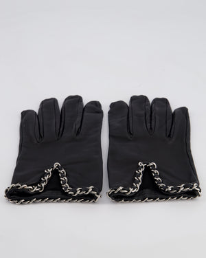 *HOT* Chanel Black Lambskin Leather Gloves with CC Silver Logo and Chain Details Size 8.5