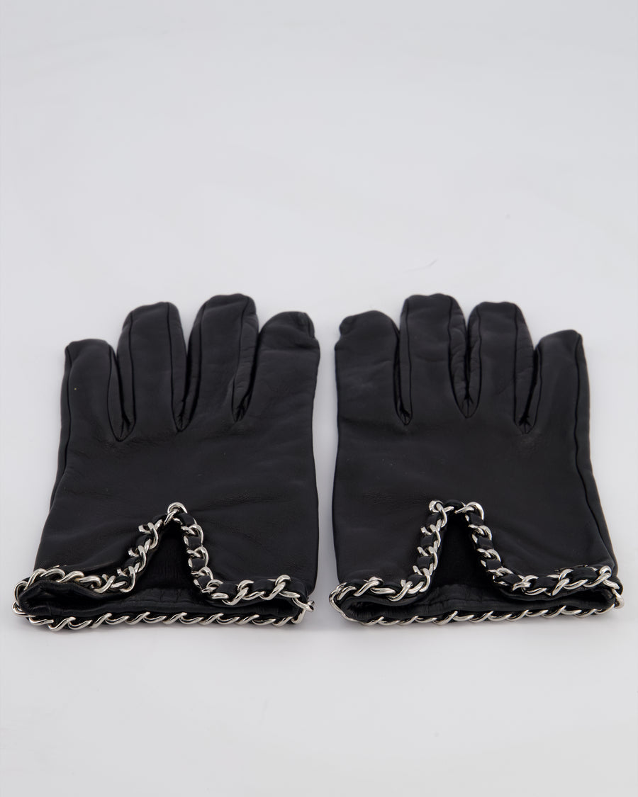 *HOT* Chanel Black Lambskin Leather Gloves with CC Silver Logo and Chain Details Size 8.5