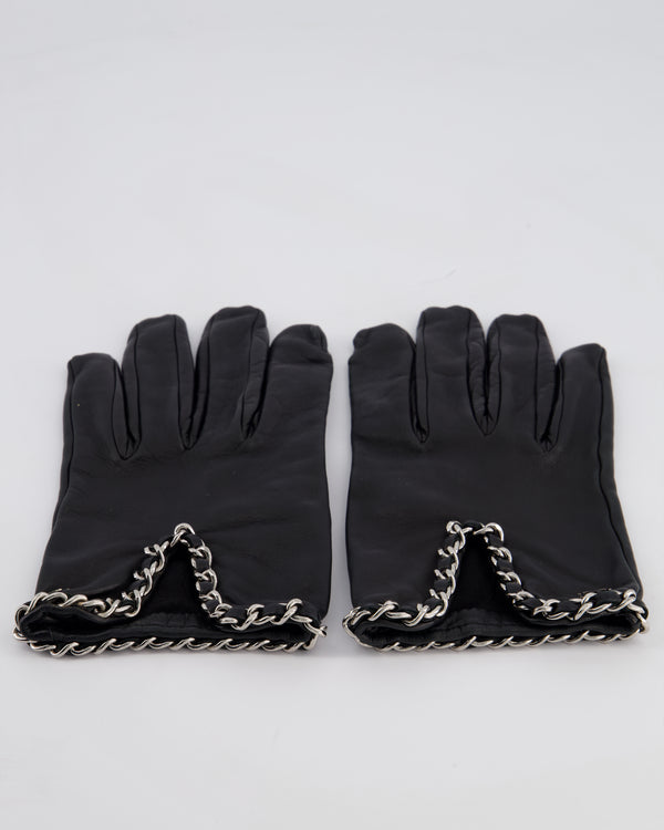 *HOT* Chanel Black Lambskin Leather Gloves with CC Silver Logo and Chain Details Size 8.5