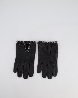 *HOT* Chanel Black Lambskin Leather Gloves with CC Silver Logo and Chain Details Size 8.5