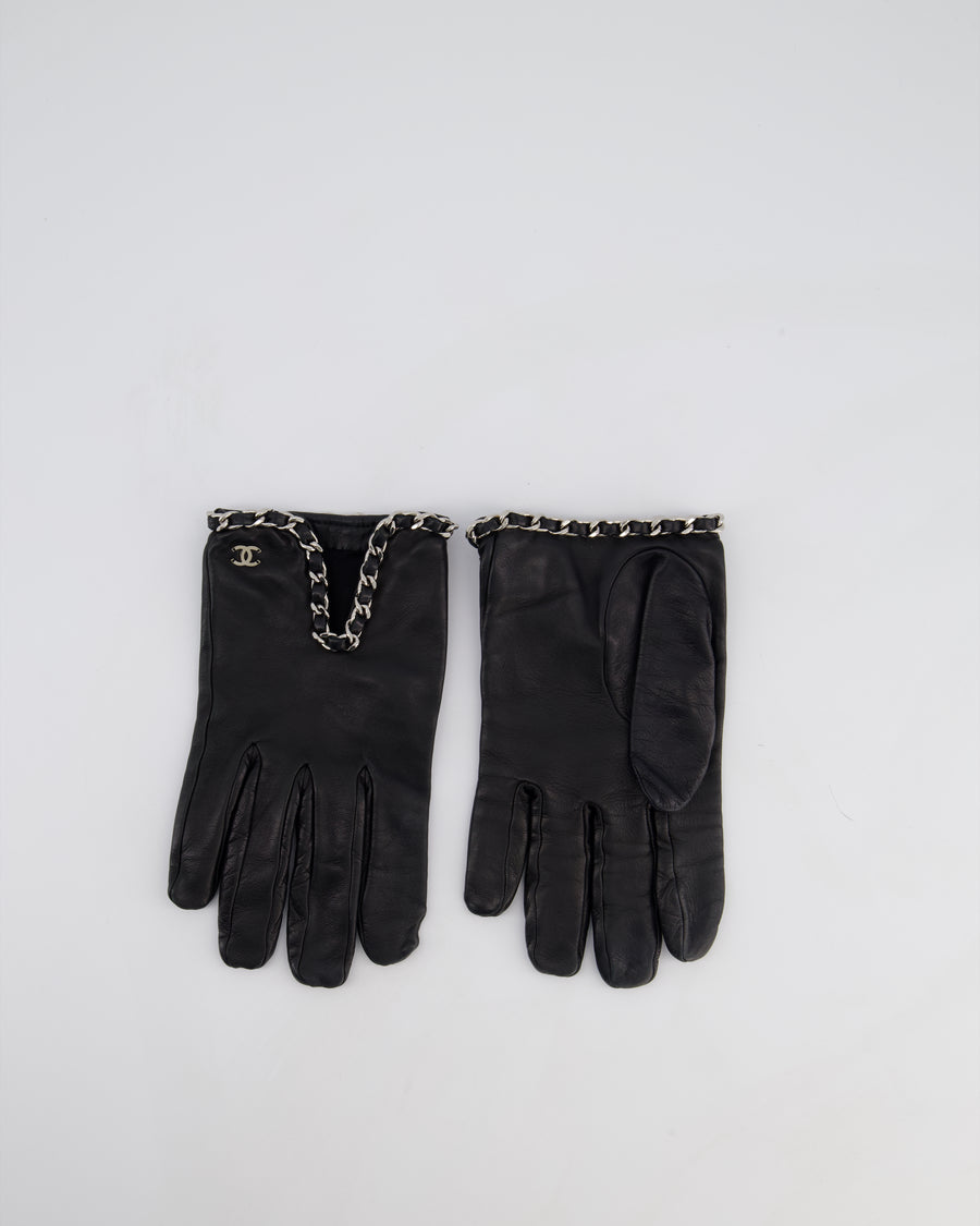 *HOT* Chanel Black Lambskin Leather Gloves with CC Silver Logo and Chain Details Size 8.5